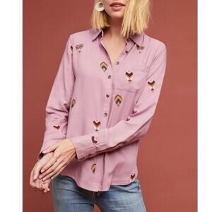 Anthropologie Purple Air Balloon Embroidered County Fair Button Up Blouse Sz.12